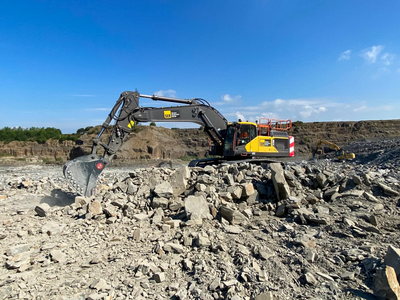One of Stevens Equipment Rental's new Volvo EC500 crawler excavator units gets to work