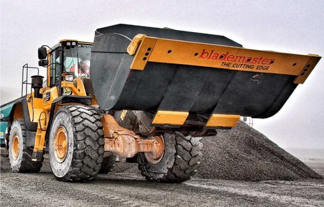 A loading shovel bucket with Blademaster edges fitted