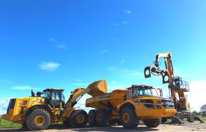 A CAT 972 loading shovel, Volvo A45G dumptruck and Liebherr LH50 log handler parked on the SER hardstand.