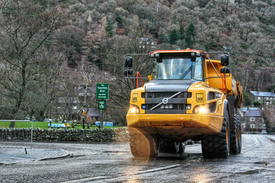 An SER Volvo L30G dump truck in Glenridding after the flooding