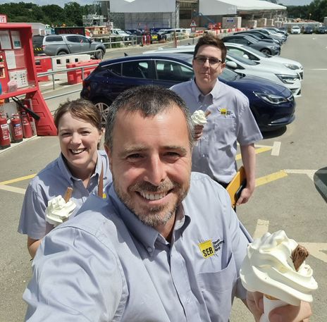 SER employees Paul Morrison, Angela Slack and Patrick Williams with ice creams at the HS2 site in Uxbridge