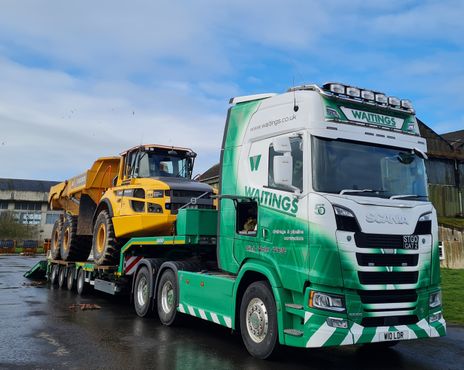 A Volvo A30G dumptruck on a Waitings lowloader, ready for transport