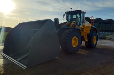 A Volvo L220H loading shovel equipped with an 11m3 high tip bucket.