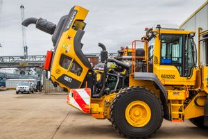 Two Volvo A45G articulated dump trucks parked up facing each other